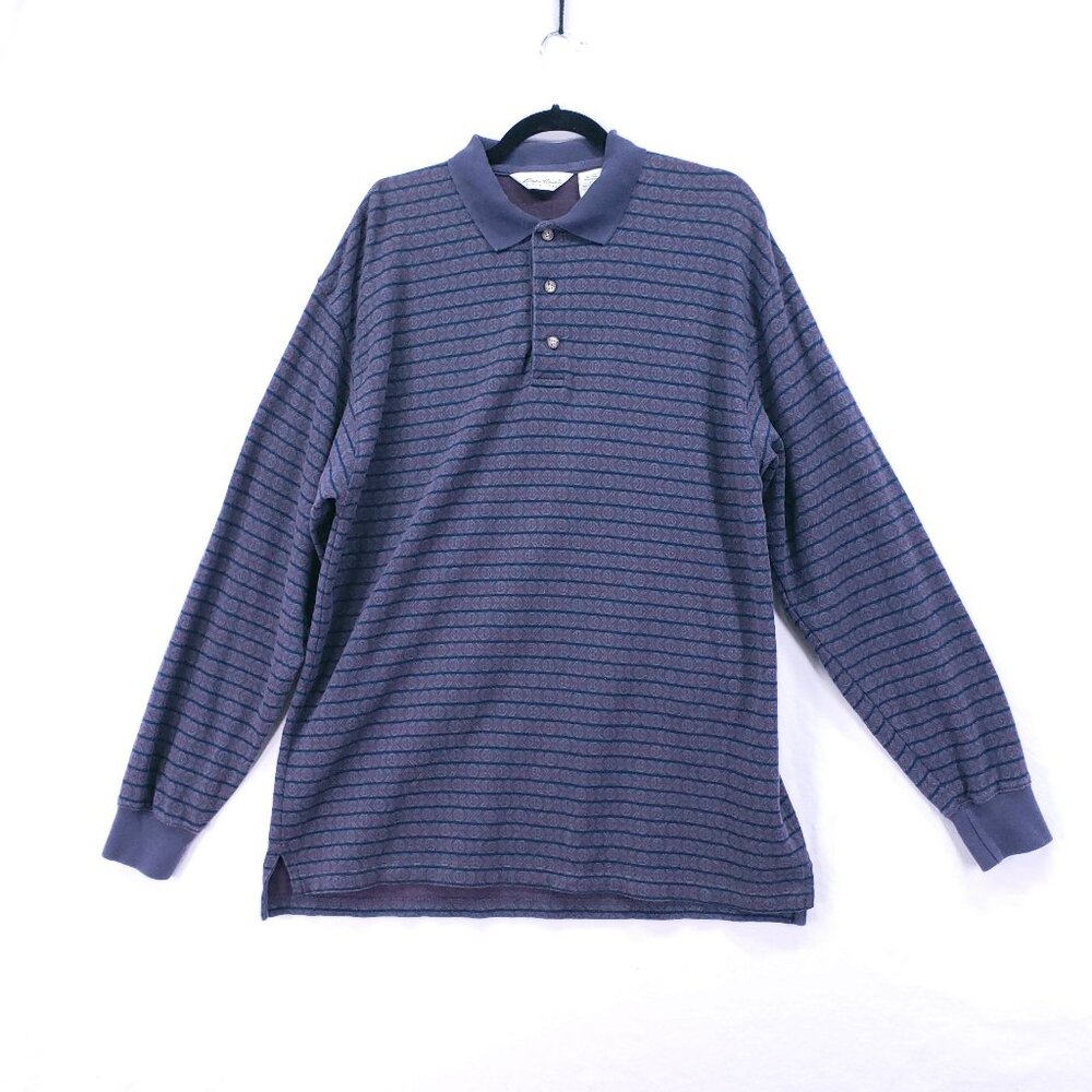 Vintage Eddie Bauer Men Geometric Striped Pattern Polo Rugby Sweater Size L